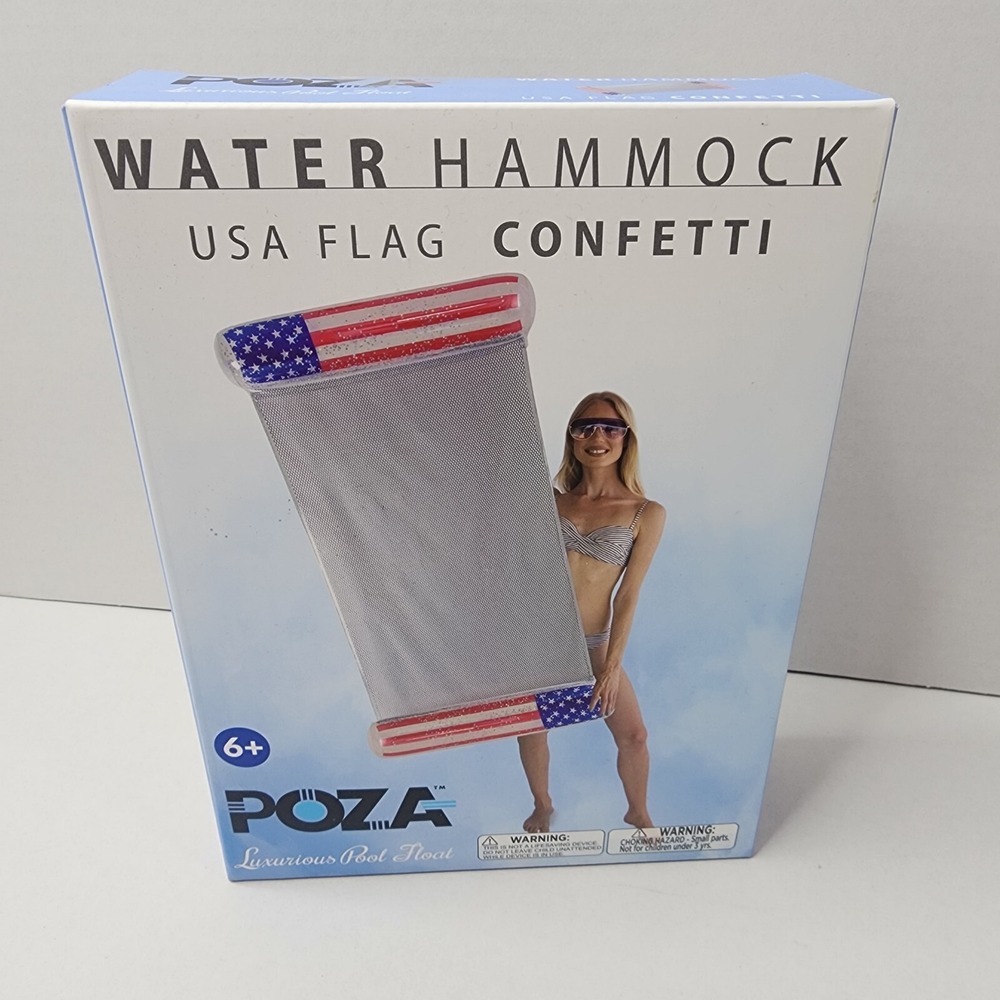 POZA Inflatable USA Flag Water Hammock Float Tube Sparkle Silver Stars Confetti